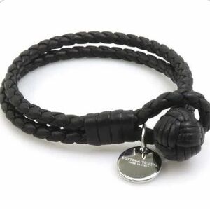 Bottega Veneta Black Braided Leather Bracelet with Silver Charm